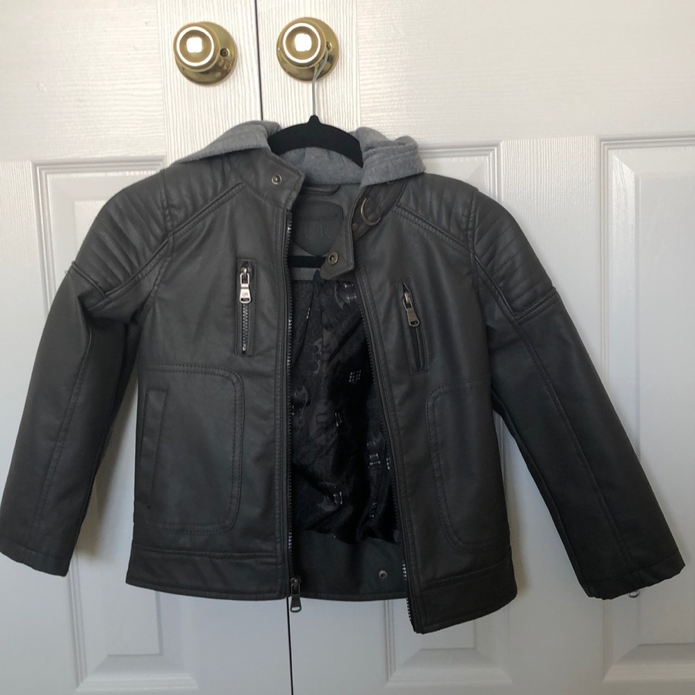 Boys gray faux leather jacket with fleece hood